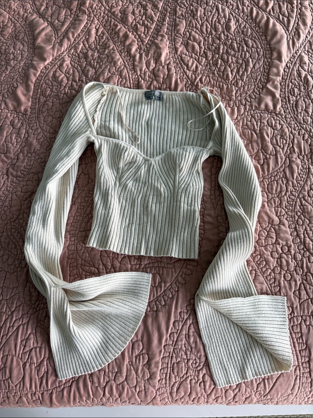 Urban Outfitters Ivory Ribbed Sweetheart Crop Top with Flared Sleeves